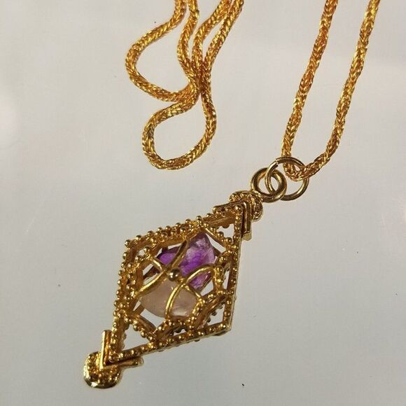 Vintage Mid Century Gold Tone Pendant Necklace Amethyst Rose Quartz 23" Chain - Picture 1 of 8